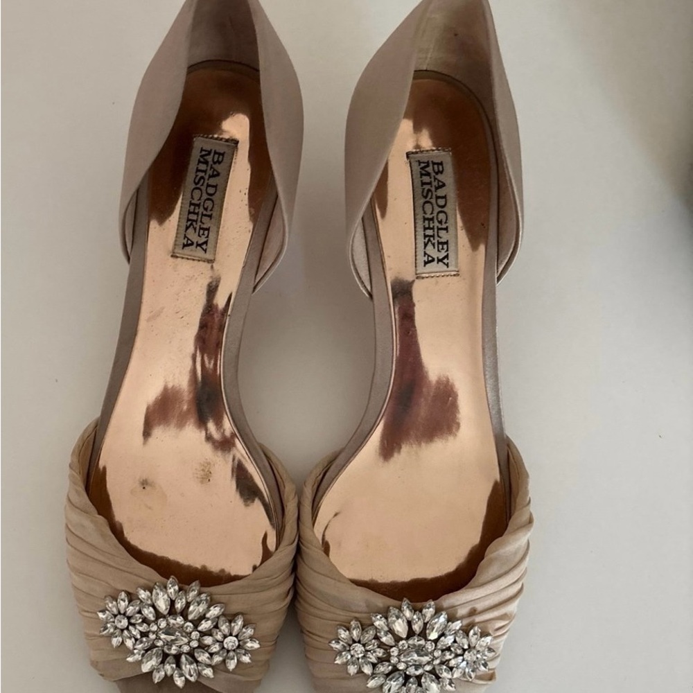 Badgley Mischka Tan Heels with Crystal Embellishment